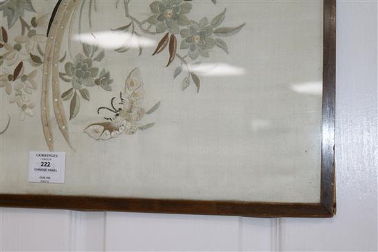 A Chinese embroidered silk bird panel width 60cm height 56cm